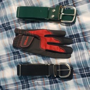 3 Boys youth baseball belt lot green black Champro Wilson Y L batting glove NWOT